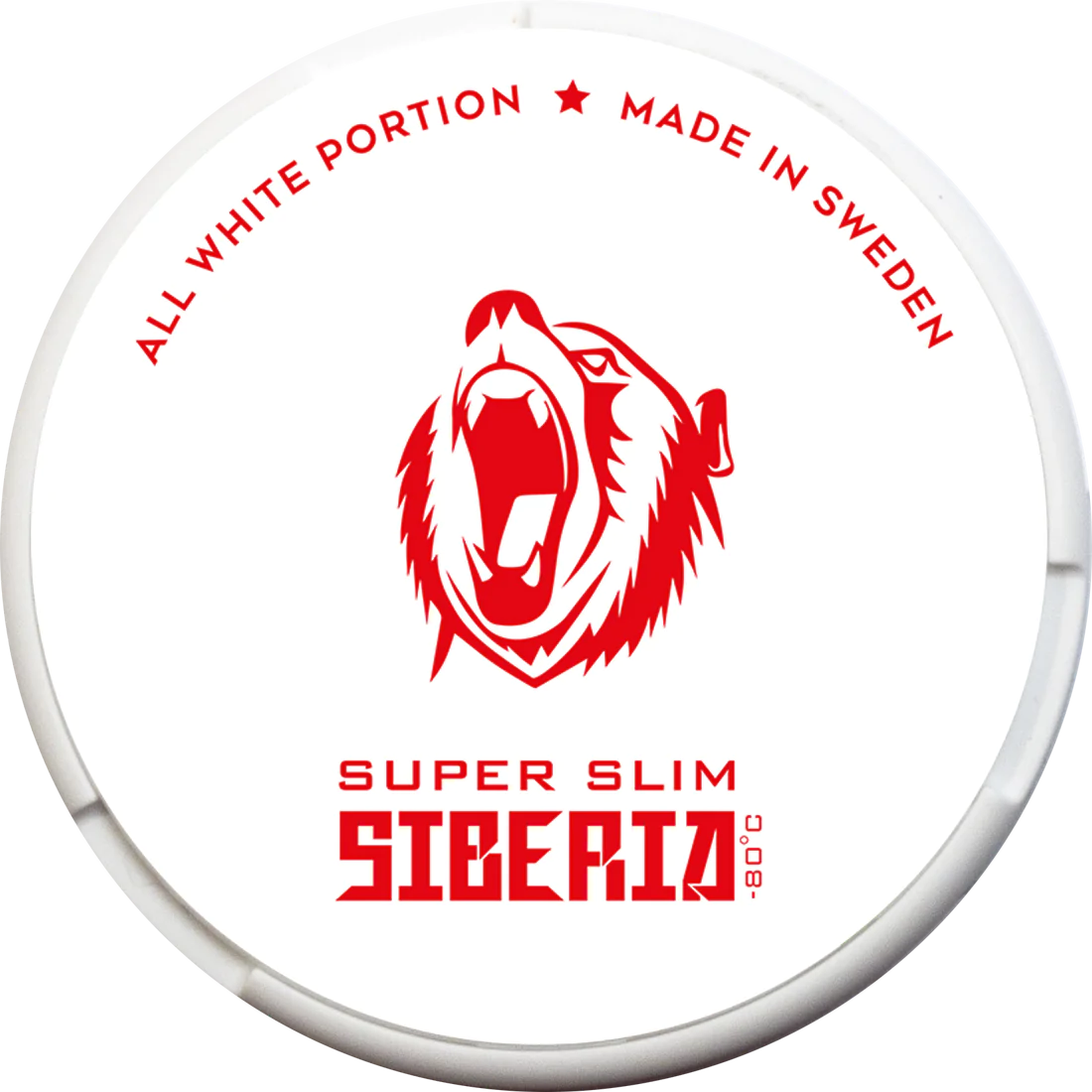 SIBERIA Super Slim All White 21.5MG nicotine pouches tin with red bear logo