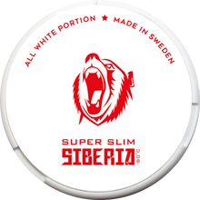 SIBERIA Super Slim All White 21.5MG nicotine pouches tin with red bear logo