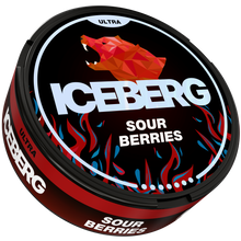 Iceberg Sour Berries 56mg (70mg/g) Nicotine Pouches, Ultra strength tin with red bear logo and flame design, side angle view.