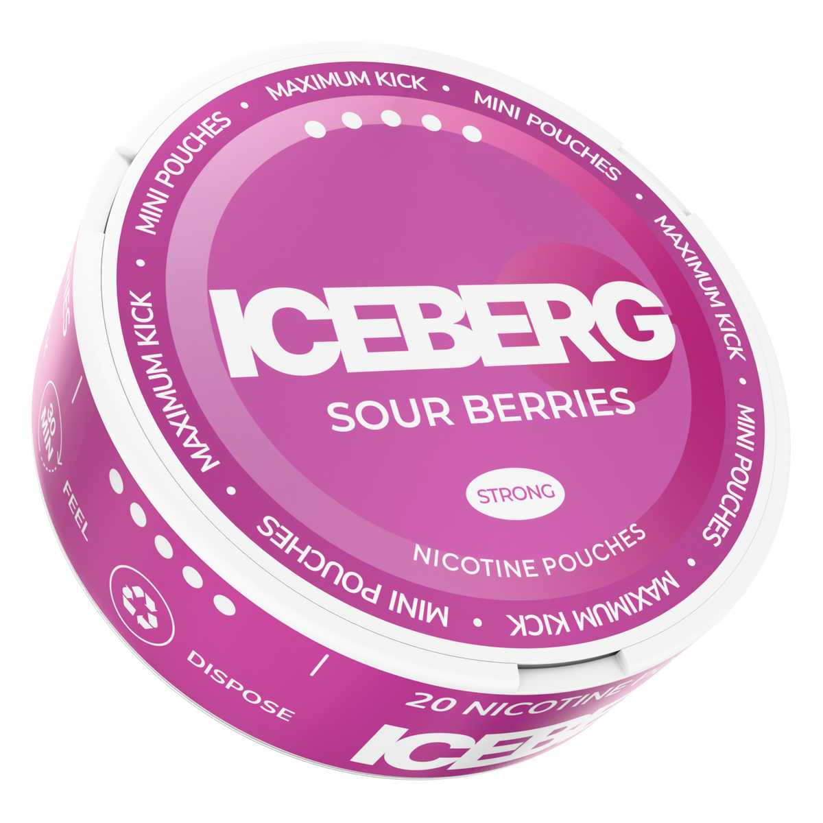 Iceberg Mini Sour Berries 20mg (50mg/g) tobacco free nicotine pouches. Purple and white can, side view on black background.