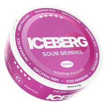 Iceberg Mini Sour Berries 20mg (50mg/g) tobacco free nicotine pouches. Purple and white can, side view on black background.