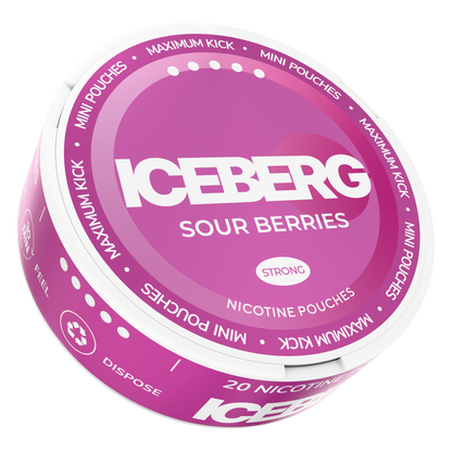 Iceberg Mini Sour Berries 20mg (50mg/g) tobacco free nicotine pouches. Purple and white can, side view on black background.