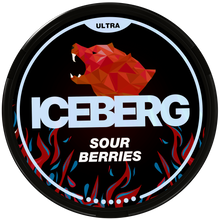 Iceberg Ultra Sour Berries Nicotine Pouches 56mg (70mg/g), black tin with red bear logo and flame design.