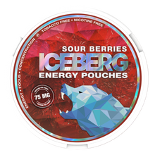 ICEBERG Sour Berries 75MG Caffeine Pouches can with tobacco free and nicotine free labels on a red background.