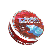 Iceberg Energy Sour Berries 75mg Caffeine Pouches tin. Side view of the tobacco free, nicotine free red and white pack.