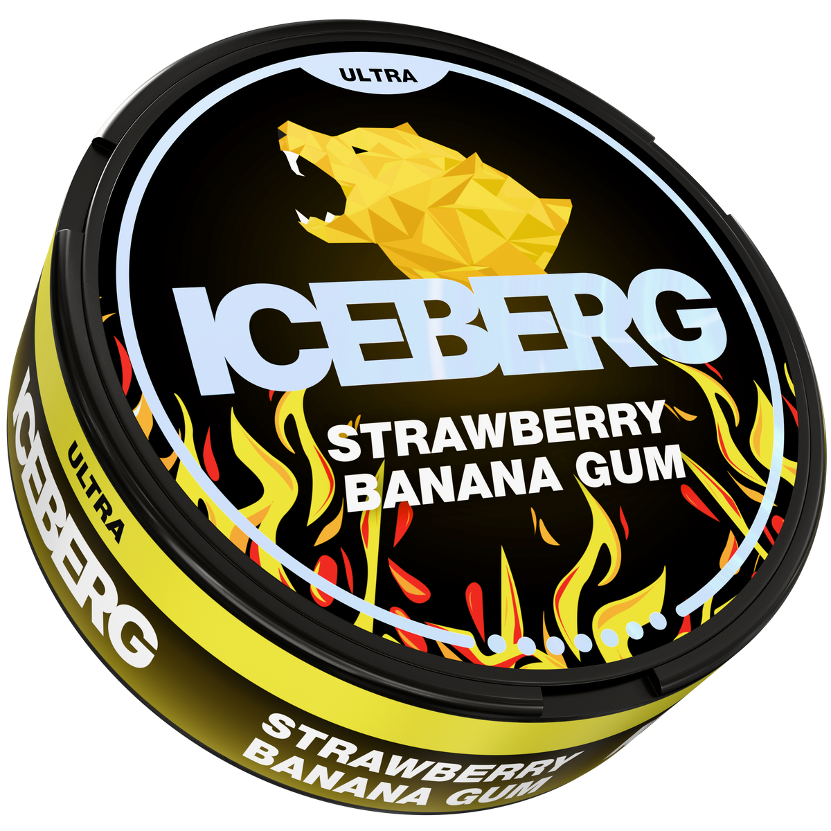 Side view of ICEBERG Strawberry Banana Gum Ultra Nicotine Pouches can with yellow flame and polar bear design.