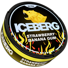 Side view of ICEBERG Strawberry Banana Gum Ultra Nicotine Pouches can with yellow flame and polar bear design.