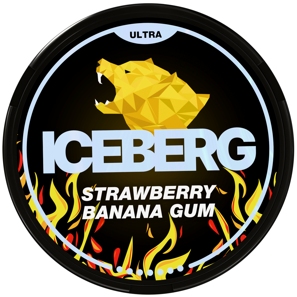 Iceberg Ultra Strawberry Banana Gum Nicotine Pouches, 56mg (70mg/g) high-strength can featuring a yellow bear and flame design.