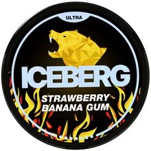 Iceberg Ultra Strawberry Banana Gum Nicotine Pouches, 56mg (70mg/g) high-strength can featuring a yellow bear and flame design.