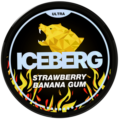 Iceberg Ultra Strawberry Banana Gum Nicotine Pouches, 56mg (70mg/g) high-strength can featuring a yellow bear and flame design.