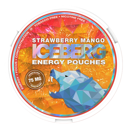 Iceberg Strawberry Mango Caffeine Pouches 75mg, tobacco and nicotine free energy pouches.