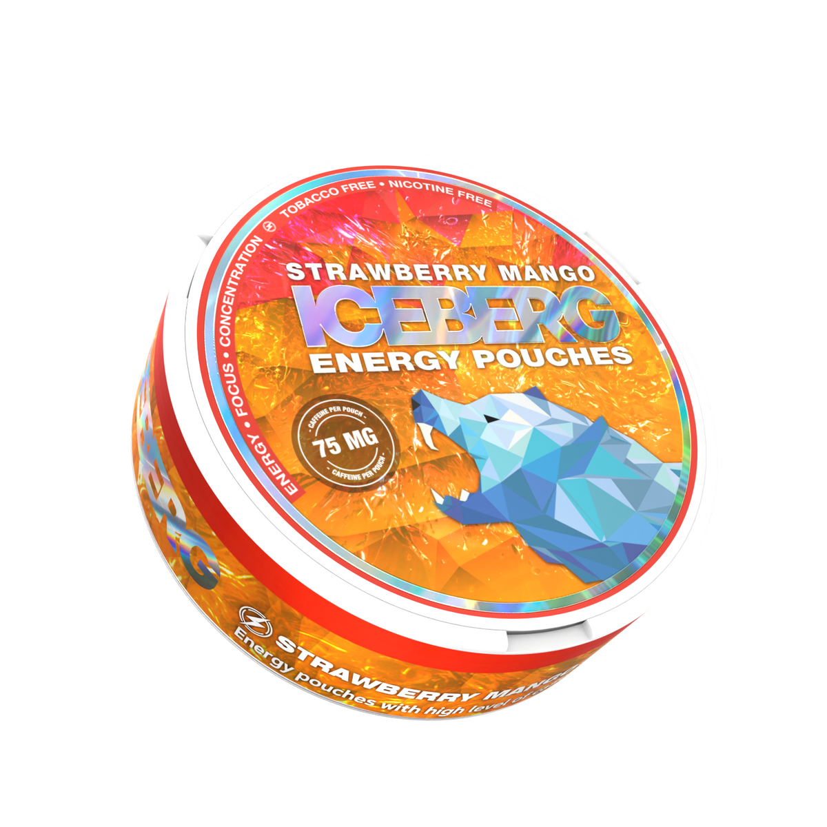 Iceberg Strawberry Mango Energy Caffeine Pouches (75mg), nicotine free side view can.