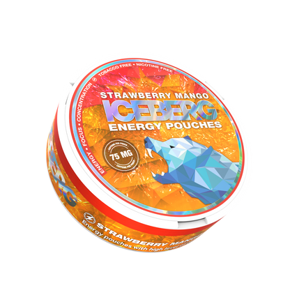 Iceberg Strawberry Mango Energy Caffeine Pouches (75mg), nicotine free side view can.
