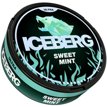 Iceberg Ultra Sweet Mint 56mg (70mg/g) Nicotine Pouches can with polar bear logo, side and top view.