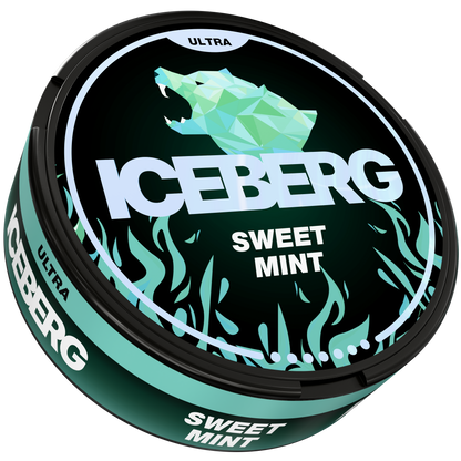Iceberg Ultra Sweet Mint 56mg (70mg/g) Nicotine Pouches can with polar bear logo, side and top view.