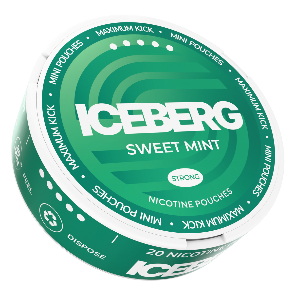 Iceberg Sweet Mint Mini Nicotine Pouches, 20mg (50mg/g) strong mint flavour tobacco free nicotine pouches tin in a side view.