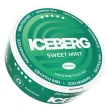 Iceberg Sweet Mint Mini Nicotine Pouches, 20mg (50mg/g) strong mint flavour tobacco free nicotine pouches tin in a side view.