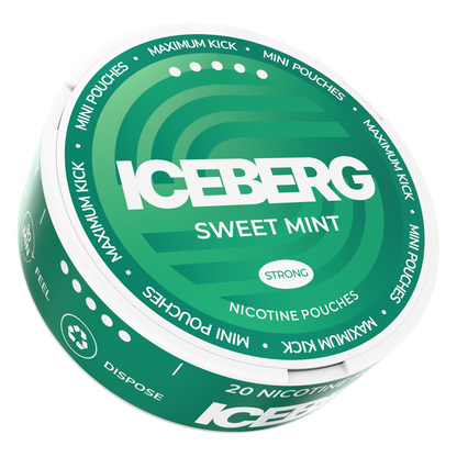 Iceberg Sweet Mint Mini Nicotine Pouches, 20mg (50mg/g) strong mint flavour tobacco free nicotine pouches tin in a side view.