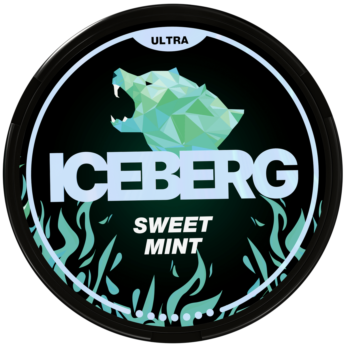 Iceberg Sweet Mint Ultra nicotine pouch can with geometric polar bear logo and 56mg (70mg/g) ultra strong label.