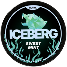 Iceberg Sweet Mint Ultra nicotine pouch can with geometric polar bear logo and 56mg (70mg/g) ultra strong label.