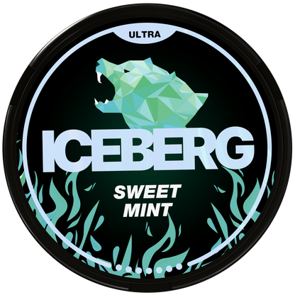 Iceberg Sweet Mint Ultra nicotine pouch can with geometric polar bear logo and 56mg (70mg/g) ultra strong label.