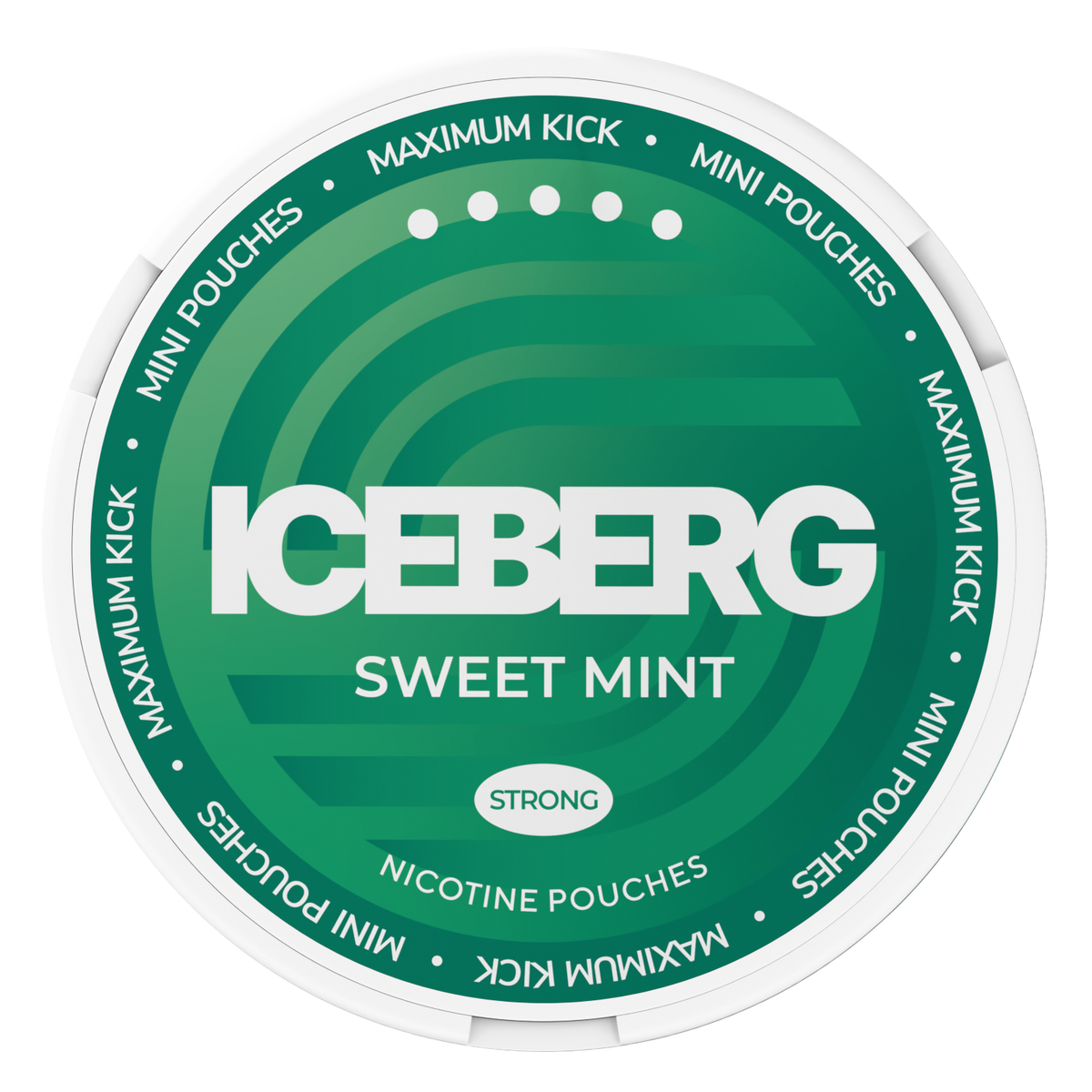 Top view of Iceberg Sweet Mint Mini Nicotine Pouches can featuring green swirl design and Maximum Kick branding.