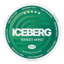 Top view of Iceberg Sweet Mint Mini Nicotine Pouches can featuring green swirl design and Maximum Kick branding.