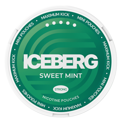Top view of Iceberg Sweet Mint Mini Nicotine Pouches can featuring green swirl design and Maximum Kick branding.