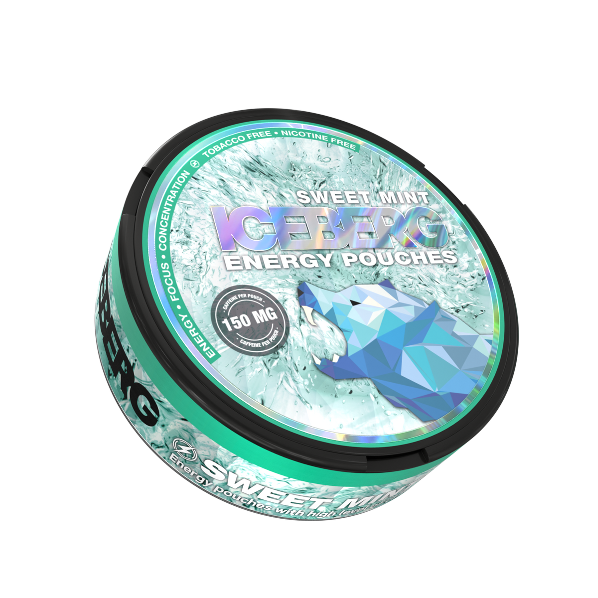 Side view of ICEBERG ENERGY Sweet Mint Caffeine Pouches can, 150mg caffeine.
