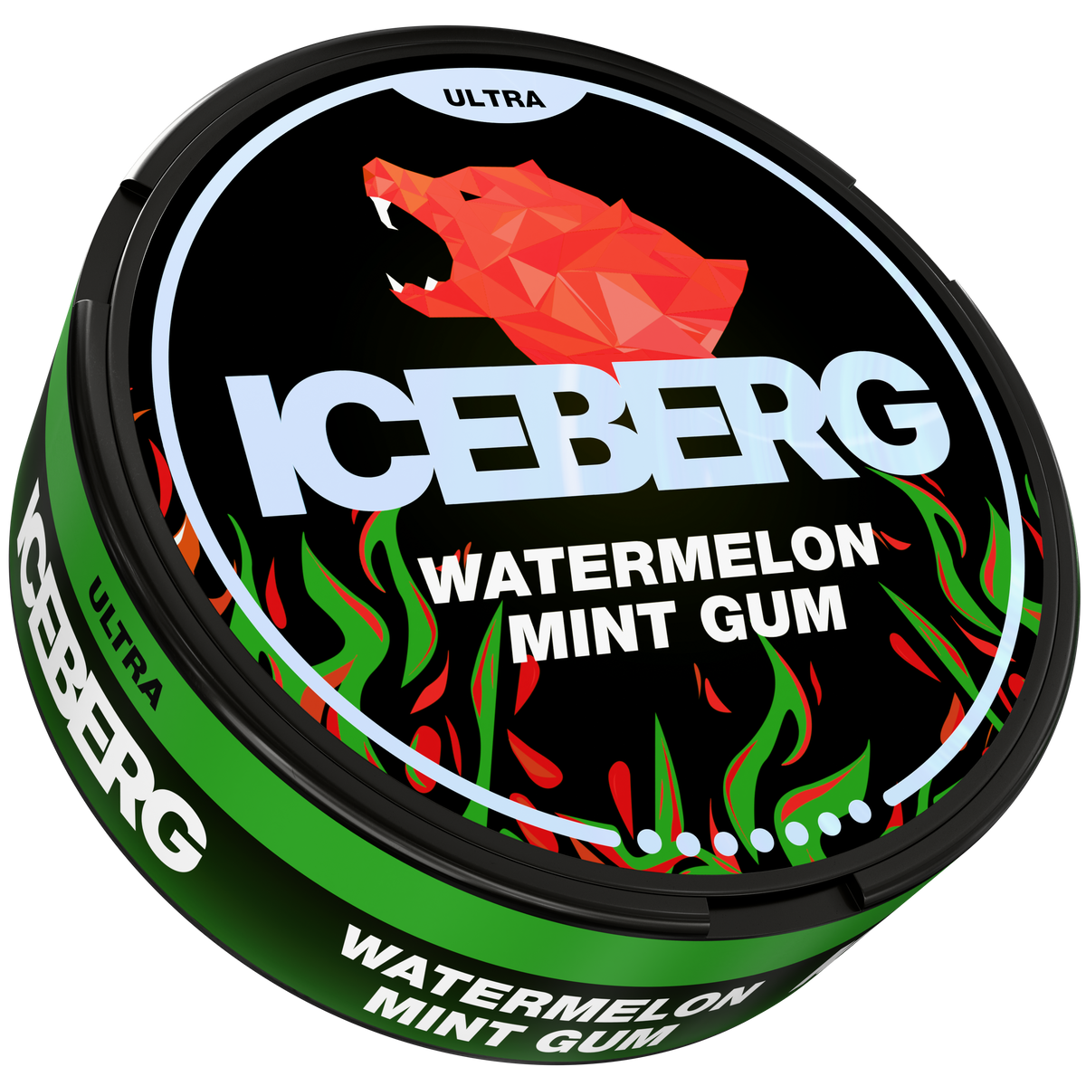 Side view of ICEBERG Watermelon Mint Gum 56mg (70mg/g) nicotine pouches can, featuring the red polar bear logo and Ultra label.
