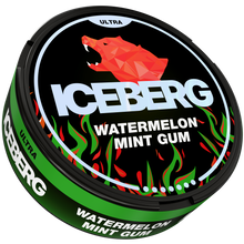 Side view of ICEBERG Watermelon Mint Gum 56mg (70mg/g) nicotine pouches can, featuring the red polar bear logo and Ultra label.