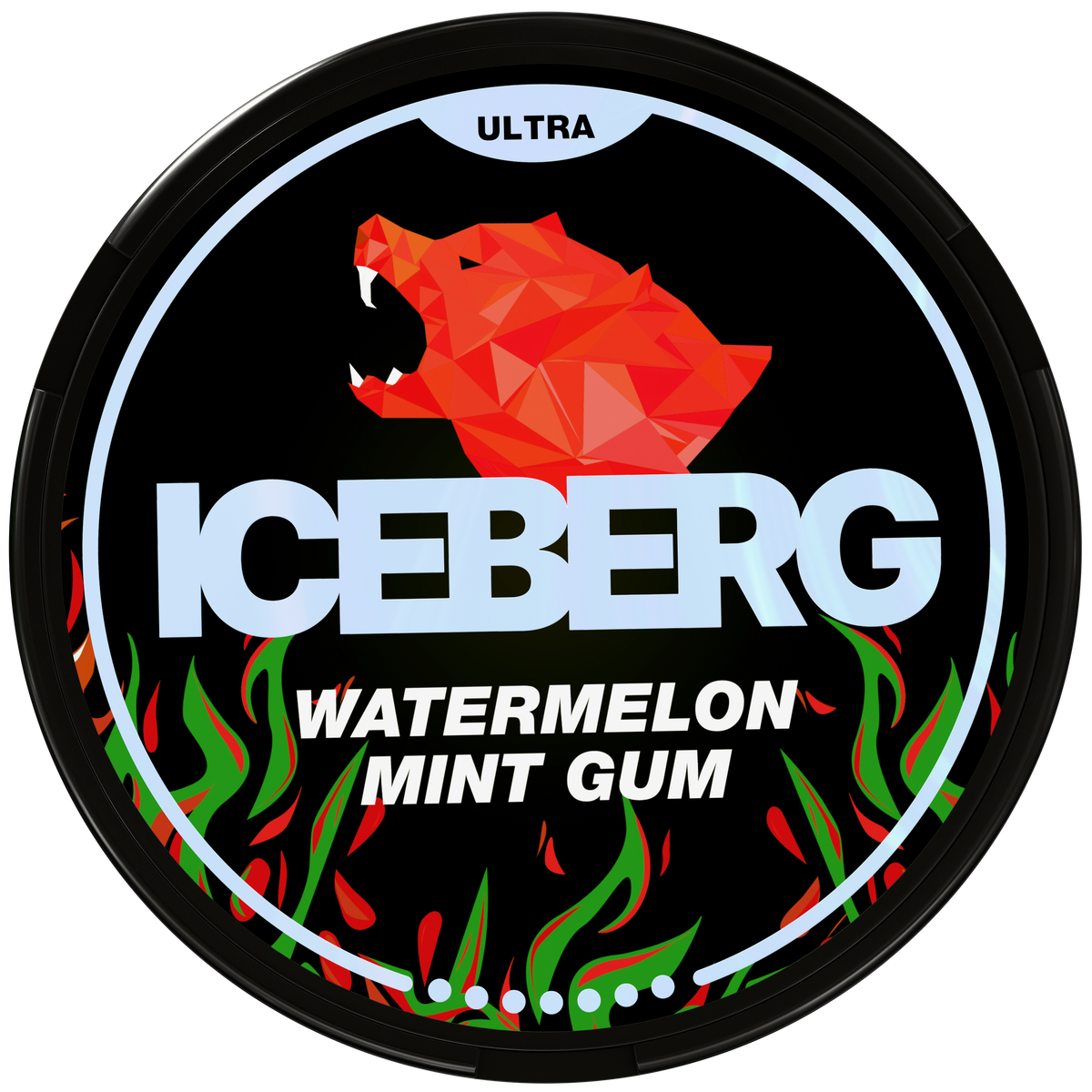 Iceberg Ultra Watermelon Mint Gum 56mg (70mg/g) Nicotine Pouches can with red wolf logo and flame design.