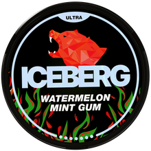Iceberg Ultra Watermelon Mint Gum 56mg (70mg/g) Nicotine Pouches can with red wolf logo and flame design.