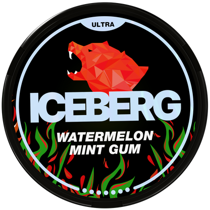 Iceberg Ultra Watermelon Mint Gum 56mg (70mg/g) Nicotine Pouches can with red wolf logo and flame design.