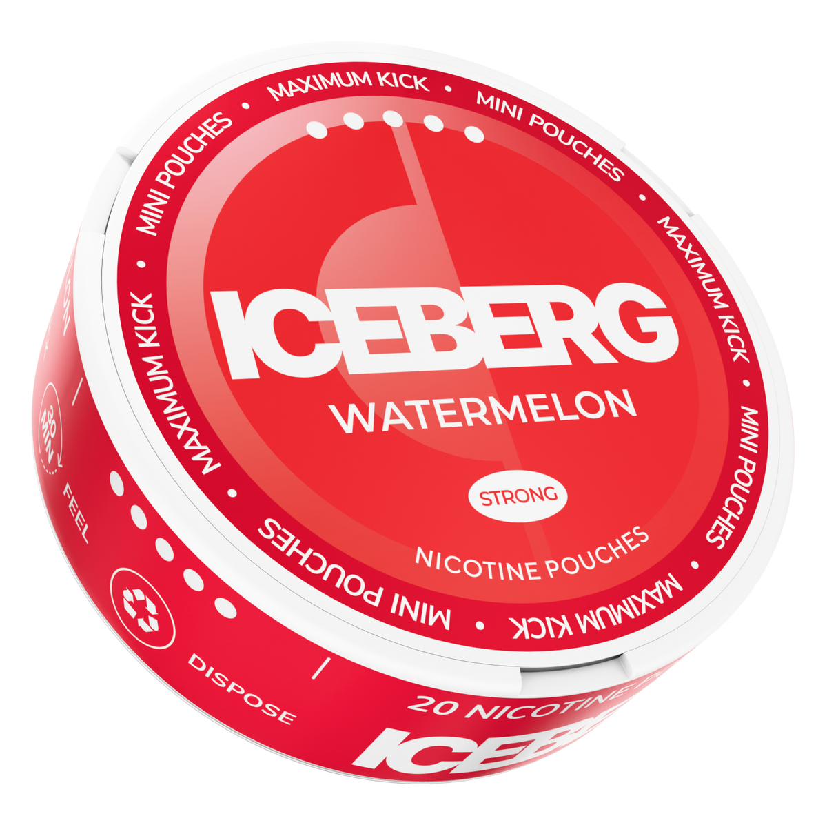 Side view of ICEBERG Watermelon Mini Nicotine Pouches can, 20mg (50mg/g) strong tobacco free nicotine pouches.