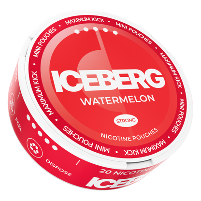 Side view of ICEBERG Watermelon Mini Nicotine Pouches can, 20mg (50mg/g) strong tobacco free nicotine pouches.