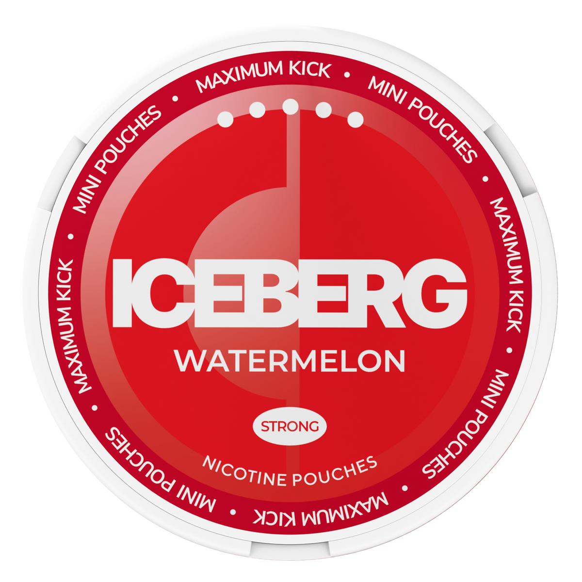 Top view of ICEBERG Watermelon Mini Nicotine Pouches can, 20mg (50mg/g) tobacco free nicotine pouches for a maximum kick.
