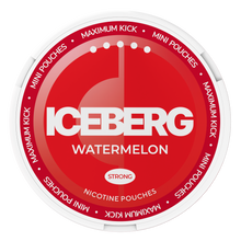 Top view of ICEBERG Watermelon Mini Nicotine Pouches can, 20mg (50mg/g) tobacco free nicotine pouches for a maximum kick.