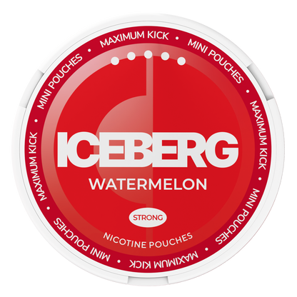 Top view of ICEBERG Watermelon Mini Nicotine Pouches can, 20mg (50mg/g) tobacco free nicotine pouches for a maximum kick.