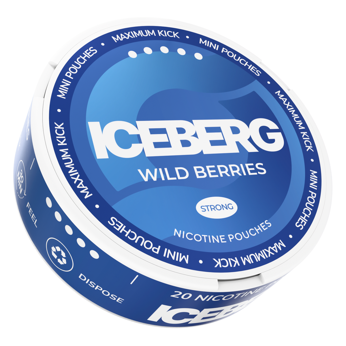 Iceberg Mini Wild Berries 20mg (50mg/g) nicotine pouches can, side view showing blue label and tobacco free mini format.