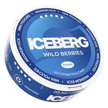 Iceberg Mini Wild Berries 20mg (50mg/g) nicotine pouches can, side view showing blue label and tobacco free mini format.