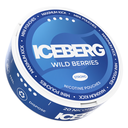 Iceberg Mini Wild Berries 20mg (50mg/g) nicotine pouches can, side view showing blue label and tobacco free mini format.