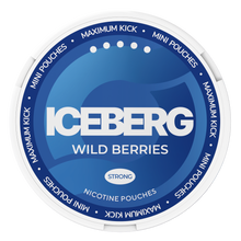 Top view of Iceberg Wild Berries Strong Mini Nicotine Pouches can with blue label and maximum kick design.
